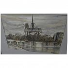 French signed 1951 Paris watercolor painting Notre Dame and the Seine