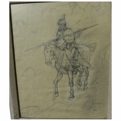 SANDY INGERSOLL (1908-1989) original pencil drawing of Indian warrior on horseback by noted Montana artist