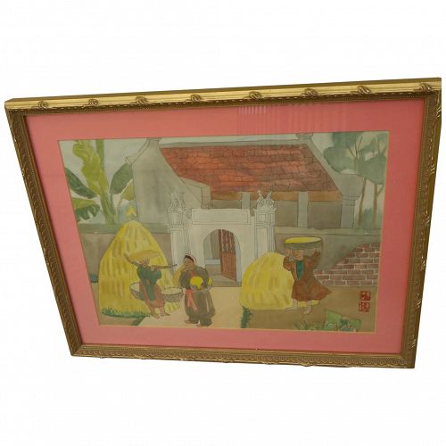 Thai watercolor painting figures in front of traditional building