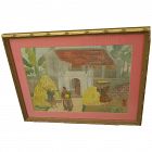 Thai watercolor painting figures in front of traditional building