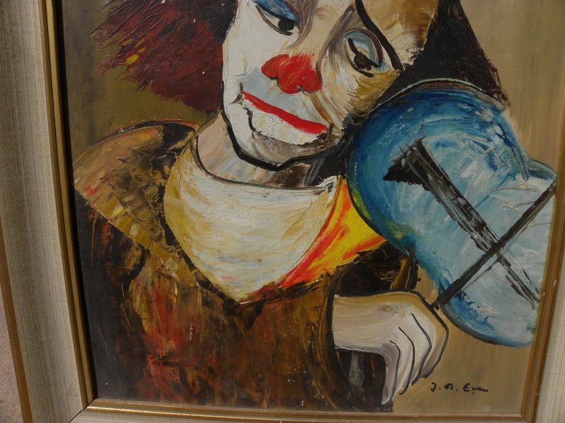 Signed clown painting mid century Retro style