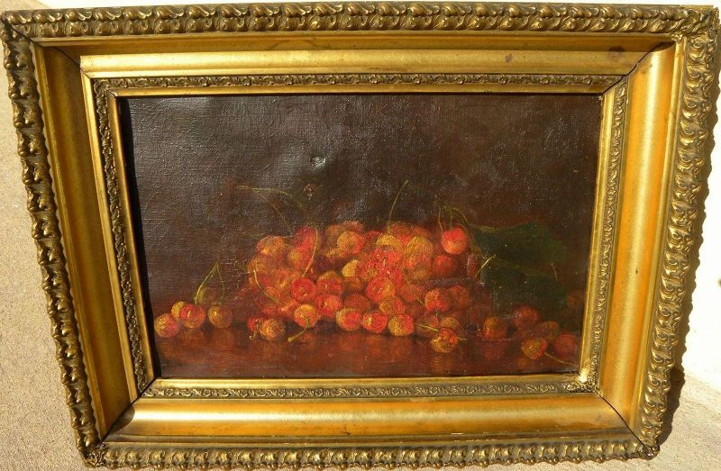 American late 19th century signed oil painting of cherries on a tabletop