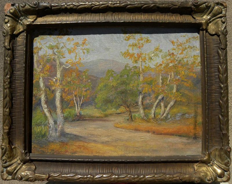 California plein air art painting of trees at the base of the mountains in autumn