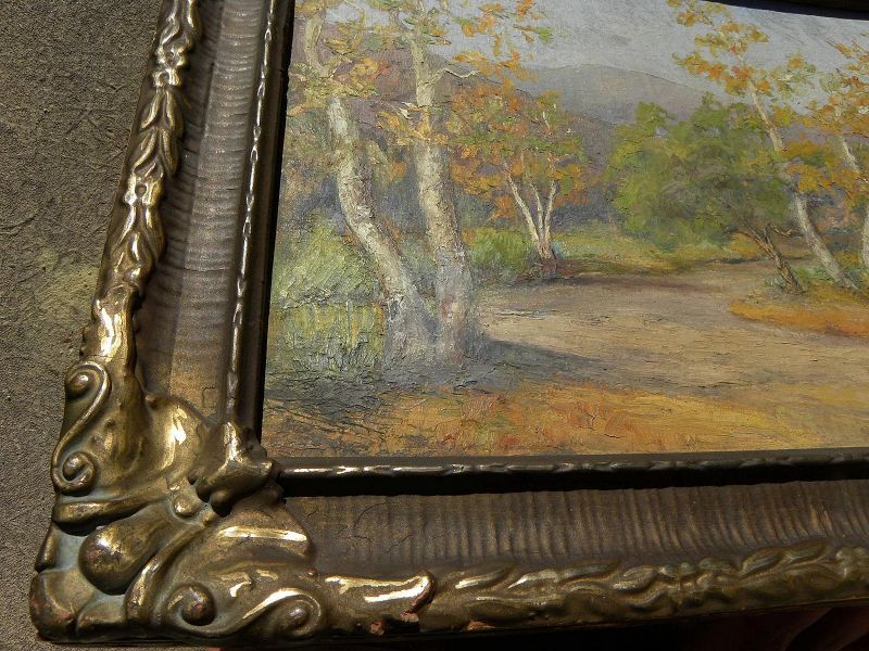 California plein air art painting of trees at the base of the mountains in autumn