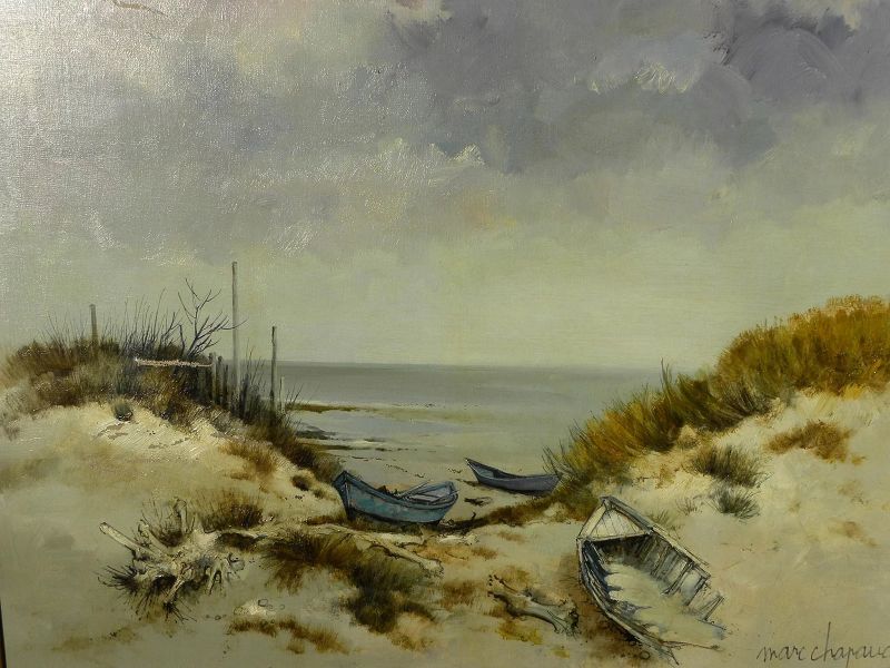 MARC CHAPAUD (1941-) painting of beach dunes and small boats by French listed contemporary artist