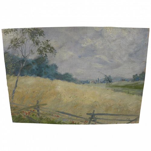 European initials signed impressionist landscape painting of a fenced sunny meadow