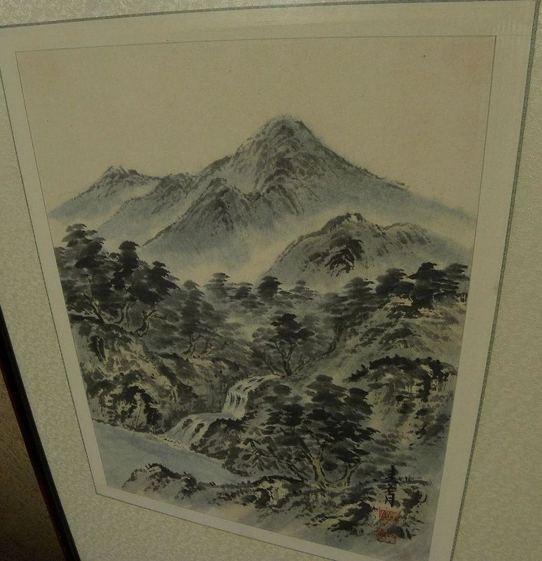 Chinese or Japanese art PAIR contemporary watercolor landscape paintings in traditional style