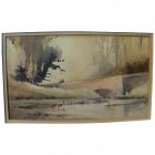 Vintage signed impressionist watercolor painting of English lake