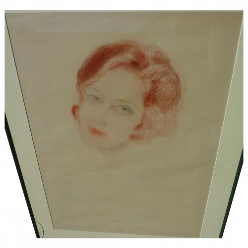 Vintage pastel drawing of red-headed young woman