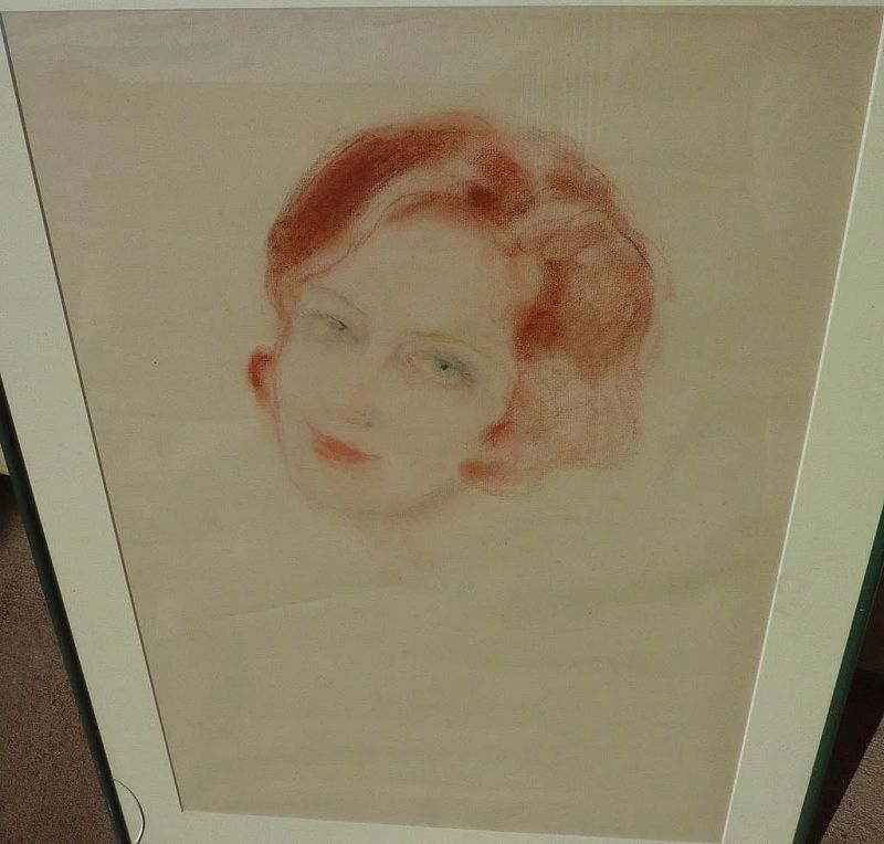 Vintage pastel drawing of red-headed young woman