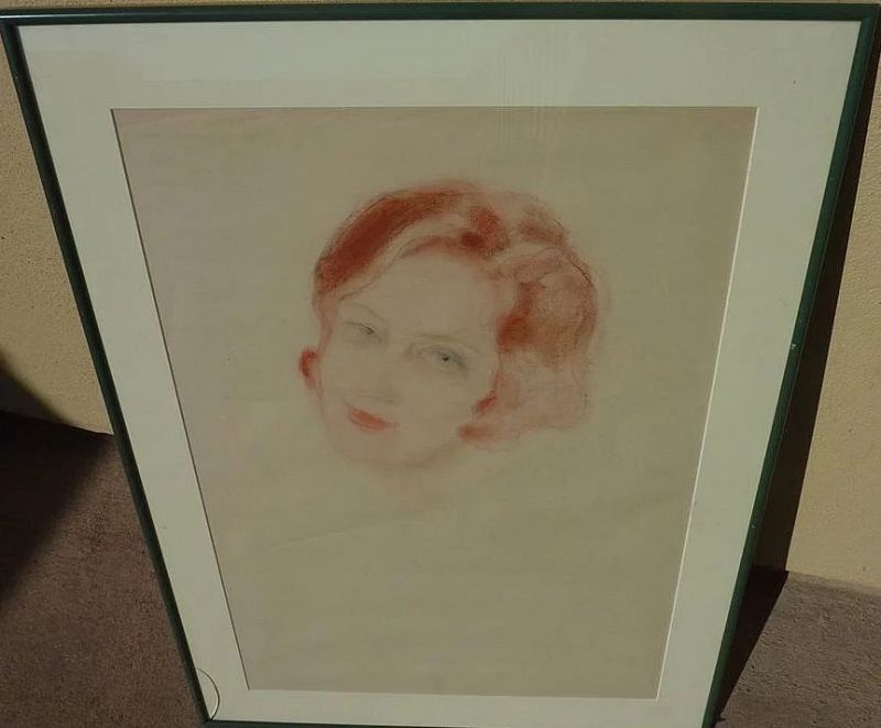 Vintage pastel drawing of red-headed young woman
