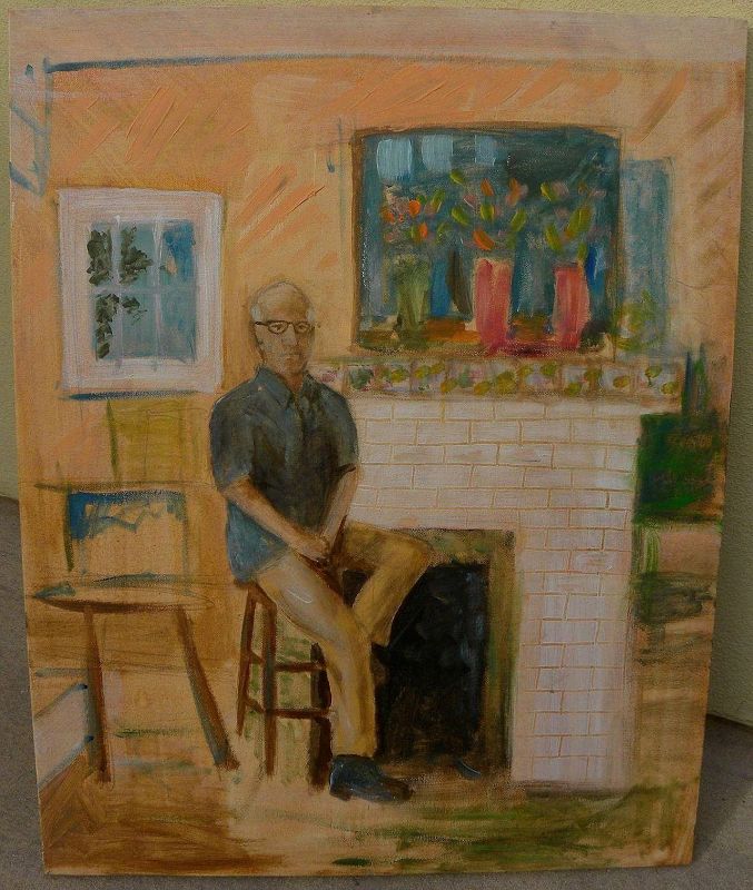 American contemporary Hockneyesque painting of a seated man in an interior