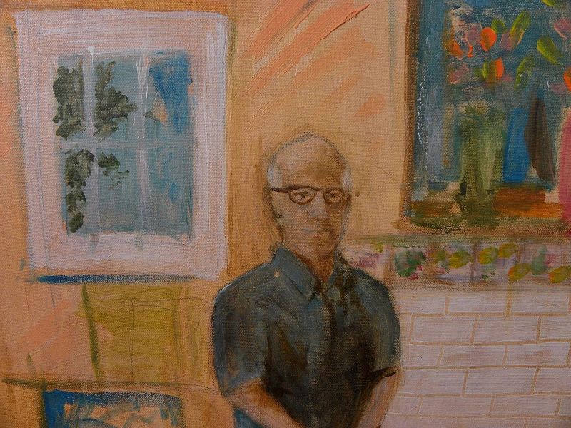 American contemporary Hockneyesque painting of a seated man in an interior