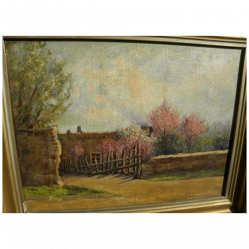 Vintage New Mexico art Santa Fe school impressionist painting of an adobe in the spring