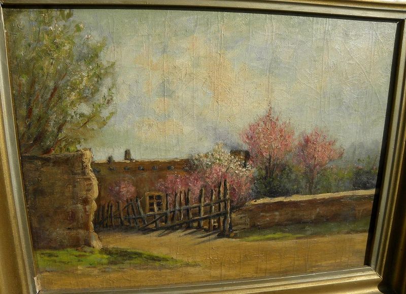 Vintage New Mexico art Santa Fe school impressionist painting of an adobe in the spring