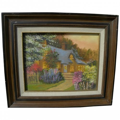 Impressionist cottage garden painting in style of Thomas Kinkade and Marty Bell