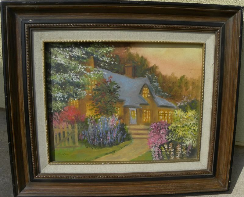 Impressionist cottage garden painting in style of Thomas Kinkade and Marty Bell