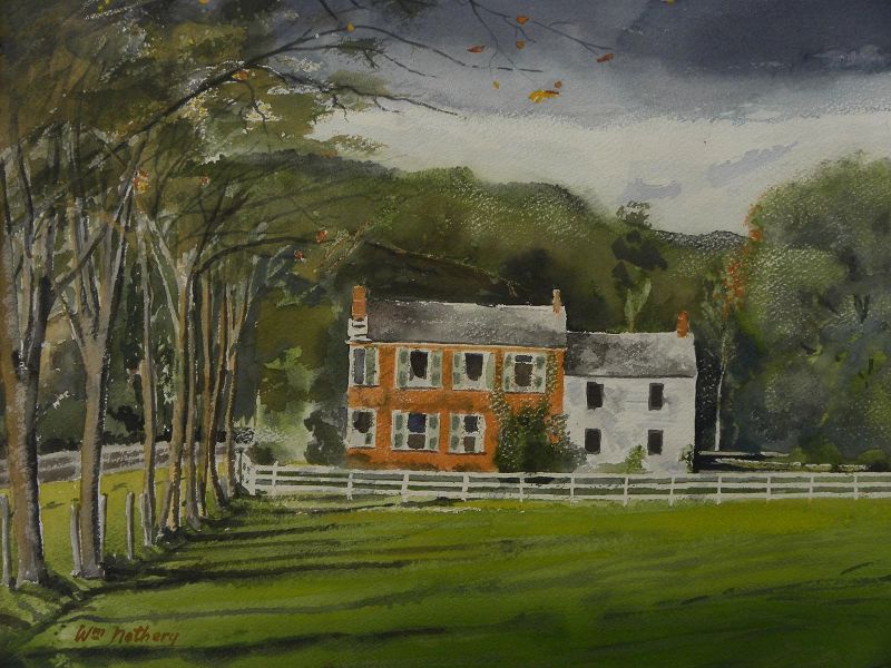 Vintage 1950's signed American watercolor landscape of an eastern estate property