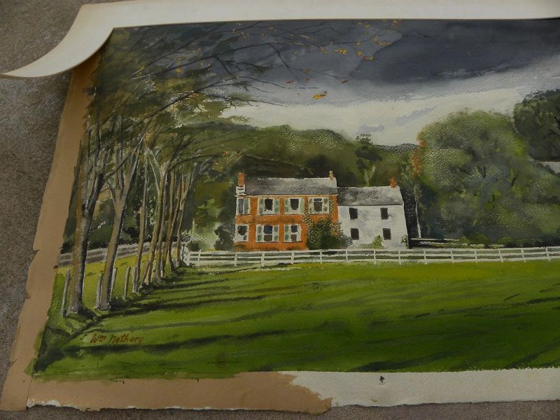 Vintage 1950's signed American watercolor landscape of an eastern estate property