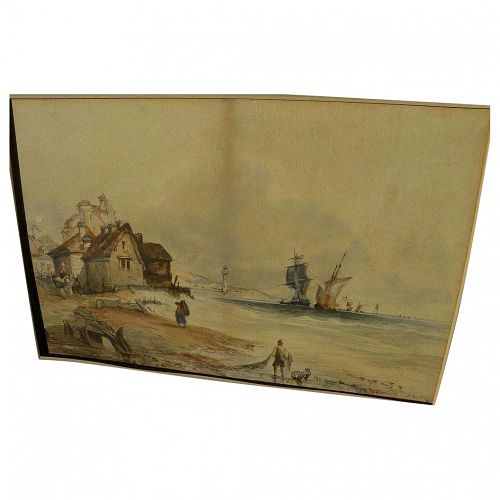 Antique mid 19th century English watercolor painting of a coast