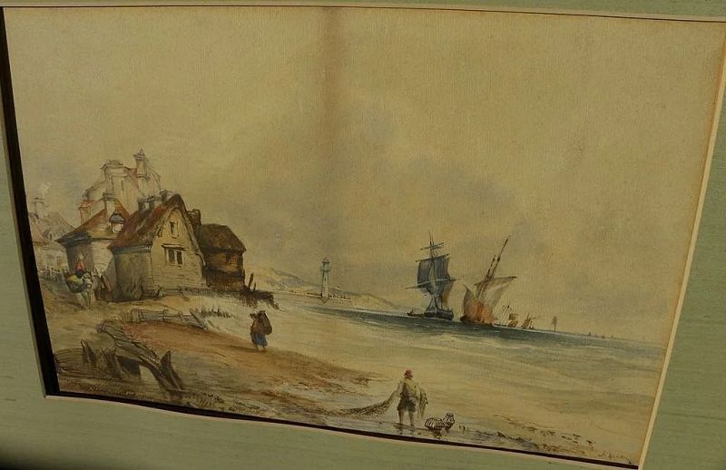Antique mid 19th century English watercolor painting of a coast