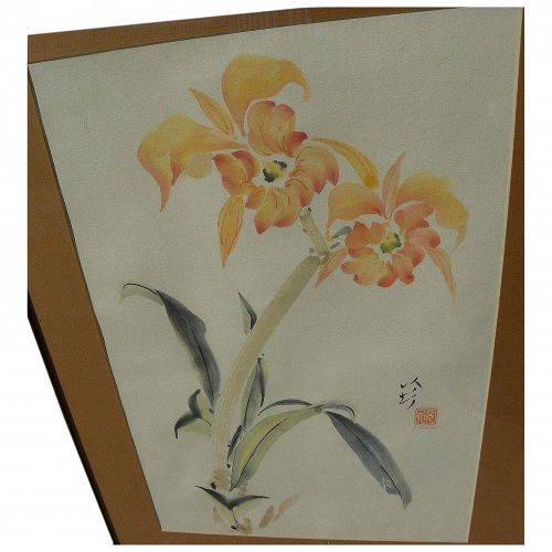 Chinese style contemporary watercolor painting of orchids signed J. London