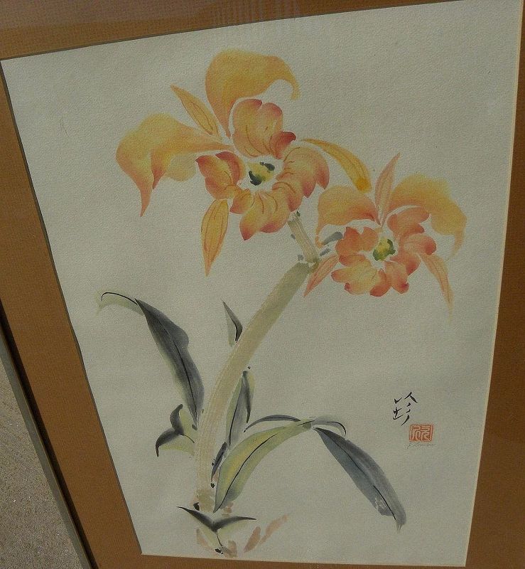 Chinese style contemporary watercolor painting of orchids signed J. London