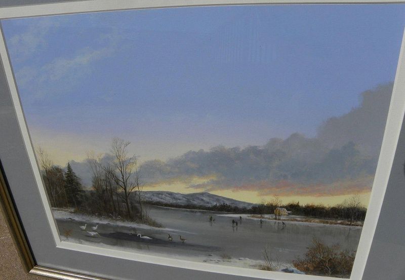 Contemporary realism fine painting of ice skaters on a northeastern pond at dusk signed Arthur A. Henderson 1989