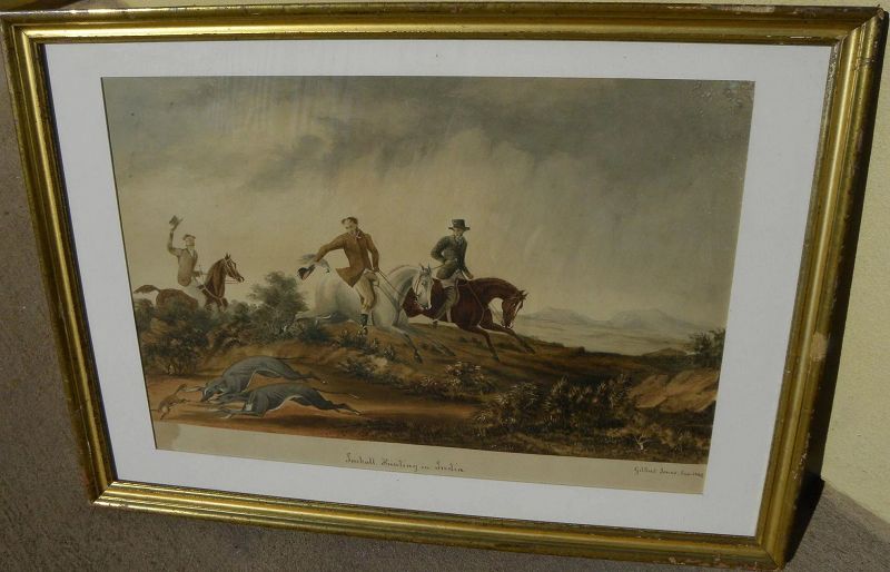 HENRY GILBERT-JONES (1804-1888) early rare original watercolor painting &quot;Jackall Hunting in India&quot; by historical English-Australian artist