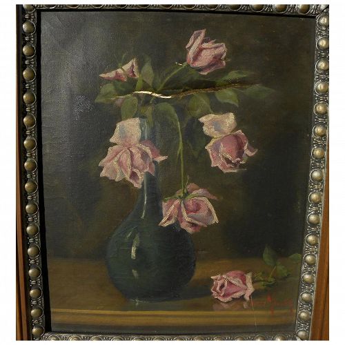 OSCAR MILLER (1867-1921) still life painting of roses in vase by noted Rhode Island artist