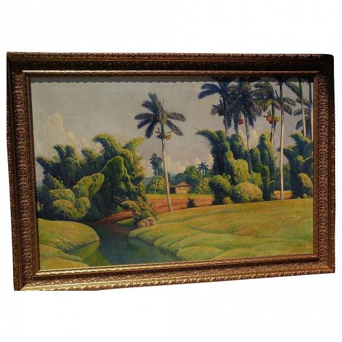 Signed contemporary tropical landscape painting in style of Cuban artist Domingo Ramos
