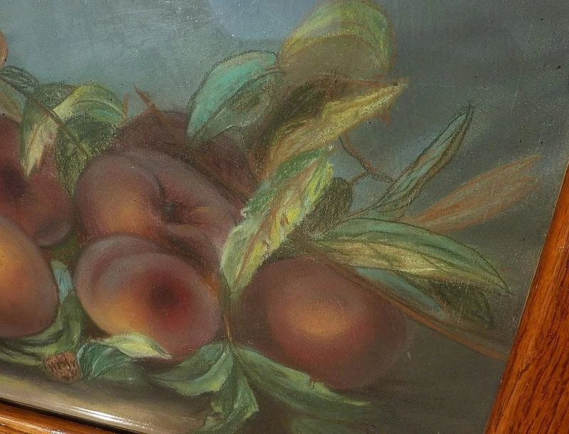 Framed impressionist pastel drawing of freshly picked peaches