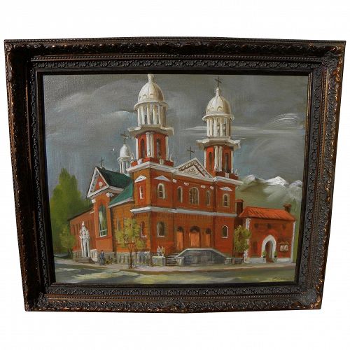 American painting of western city old brick church possibly by Preston McCrossen (1894-1981)