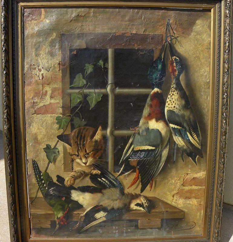 MICHELANGELO MEUCCI (1840-1909) Italian 19th century art nature morte hanging birds trompe l'oeil still life painting needs restoration