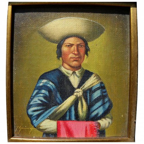 Ecuadorian art small oil painting of man in traditional clothing