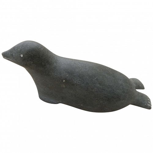 Canadian art signed Inuit soapstone carving of a seal, includes official label