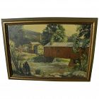 Vintage painting of covered bridge and village likely New England signed Ed Mifflin