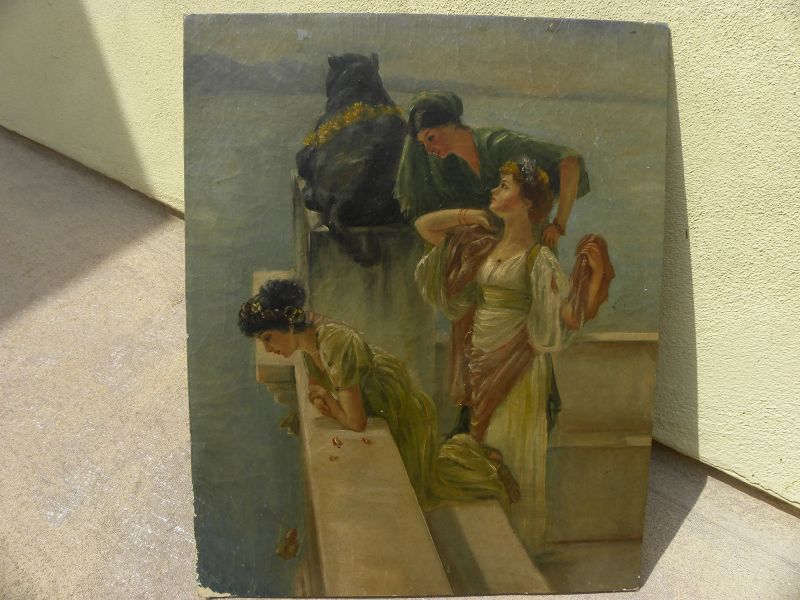 Antique painting of Neo-Classical ladies at viewpoint after Lawrence Alma-Tadema (1836-1912)