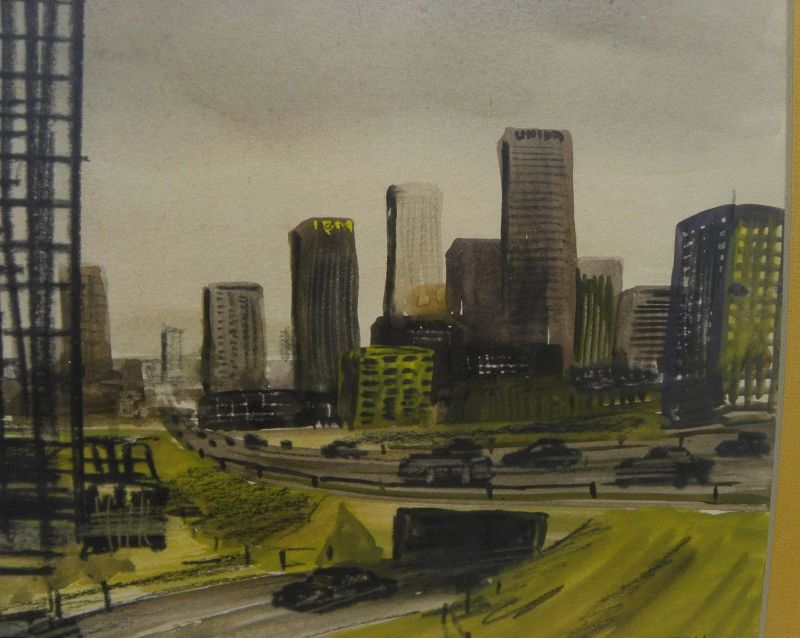Retro vintage signed 1974 original watercolor of downtown Los Angeles freeways and skyscrapers