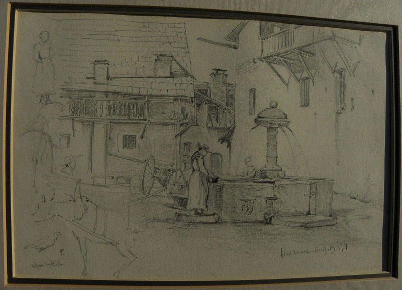 Pencil drawing dated 1874 of fountain in Italian alpine town Cesana-Torinese
