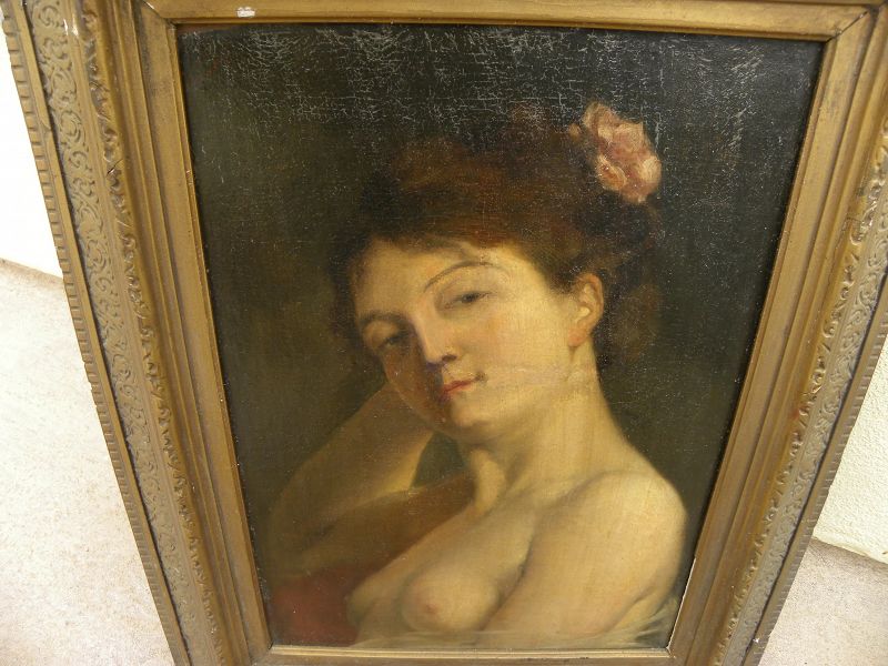 French signed 19th century painting of attractive young nude
