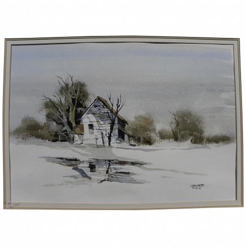ROBERT UECKER (1929-2005) California watercolor art painting of small building in a landscape