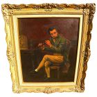 Antique American 19th century painting of seated man playing a flute