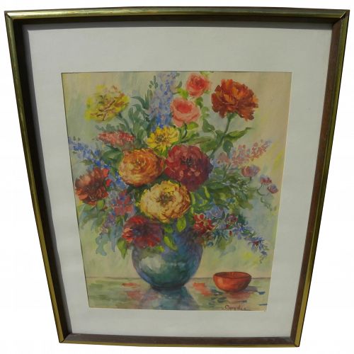 Impressionist watercolor signed still life painting flowers in vase