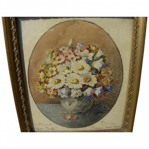 German 1920 small watercolor painting of wildflowers in a vase