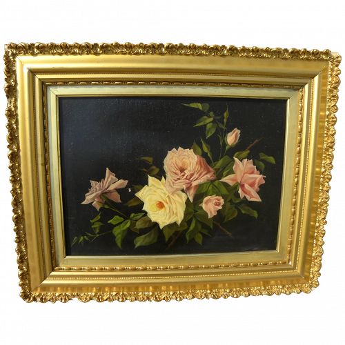 American antique circa 1900 painting of roses