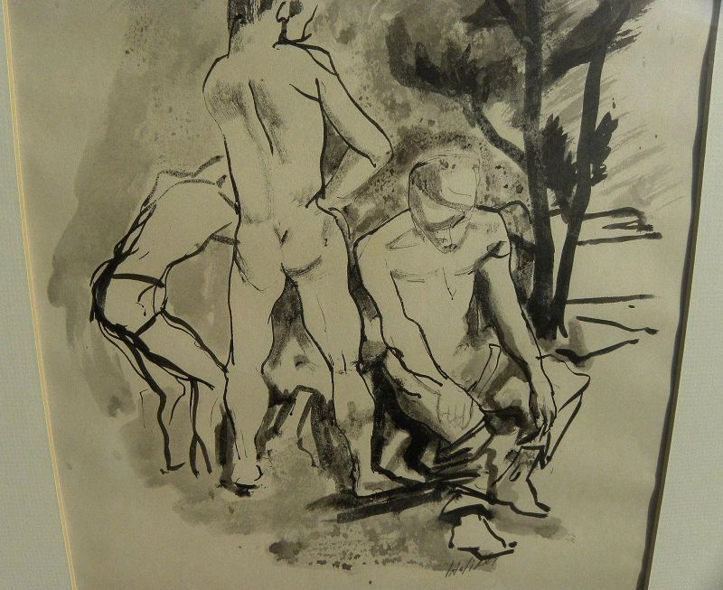 JOHN EDWARD HELIKER (1909-2000) signed ink and watercolor drawing by important American realist painter