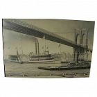 Marine art fine original pencil drawing of old time steamboat under Brooklyn Bridge by artist James Karvelas