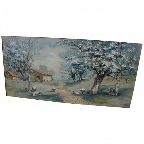 Nineteenth century American watercolor spring landscape with sheep signed with initials