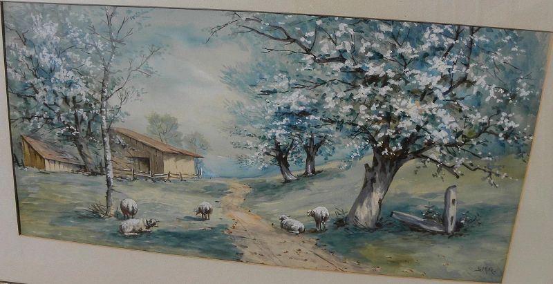 Nineteenth century American watercolor spring landscape with sheep signed with initials